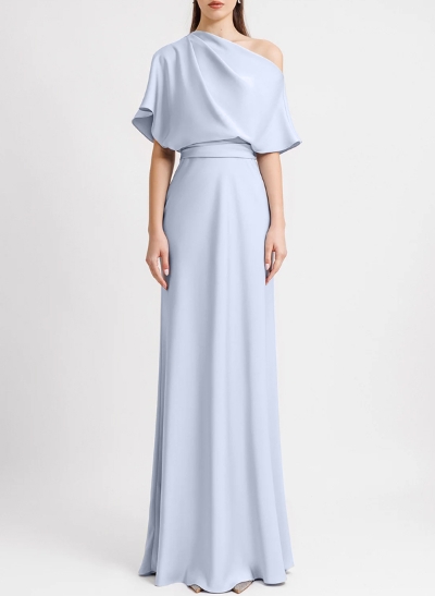 A-Line Asymmetrical Short Sleeves Silk Like Satin Evening Dresses