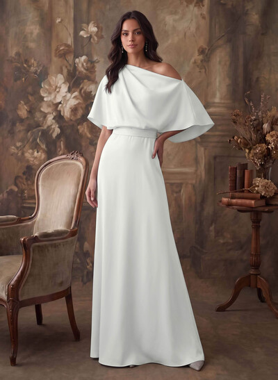 A-Line Asymmetrical Short Sleeves Silk Like Satin Evening Dresses