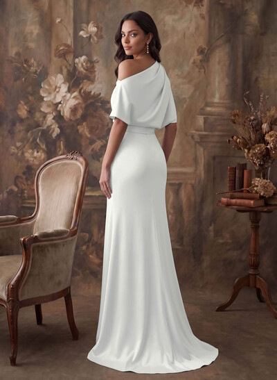 A-Line Asymmetrical Short Sleeves Silk Like Satin Evening Dresses