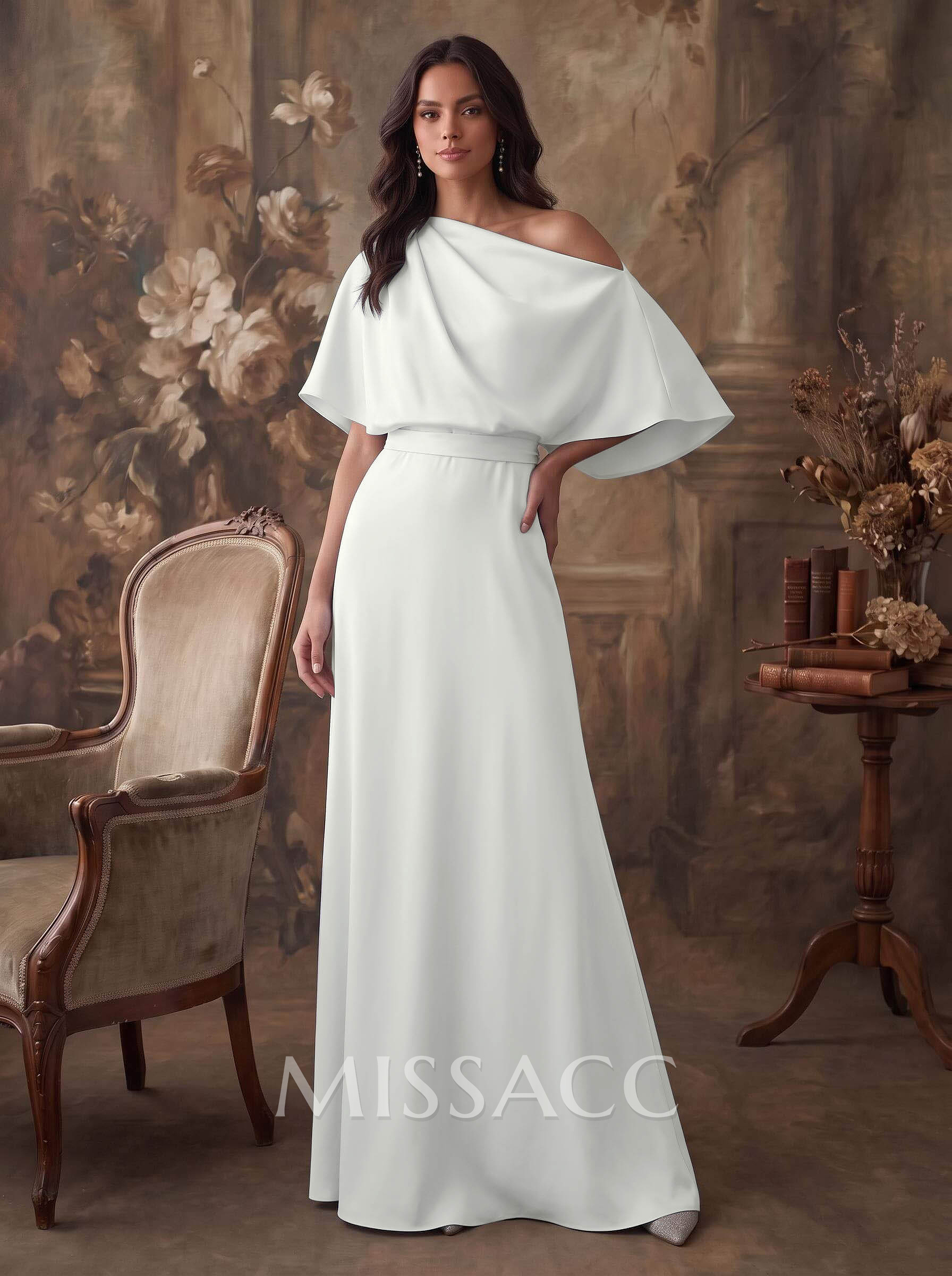 A-Line Asymmetrical Short Sleeves Silk Like Satin Evening Dresses