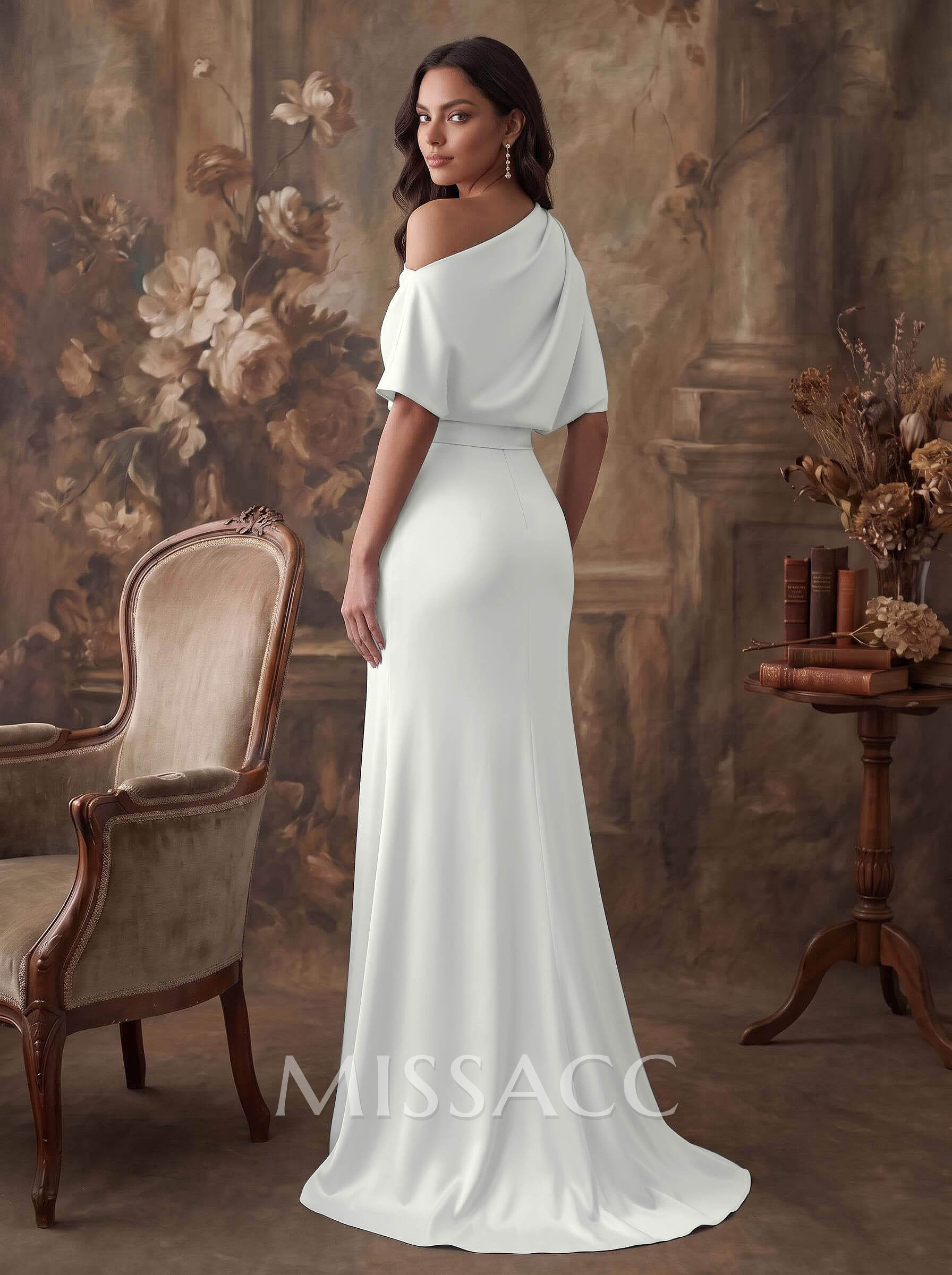 A-Line Asymmetrical Short Sleeves Silk Like Satin Evening Dresses