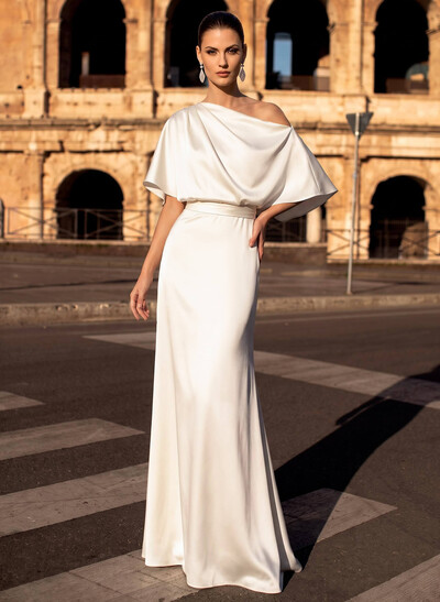 A-Line Asymmetrical Short Sleeve Silky Satin Evening Dresses