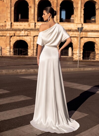 A-Line Asymmetrical Short Sleeve Silky Satin Evening Dresses