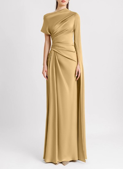 Sheath/Column Asymmetrical Short Sleeves Silk Like Satin Evening Dresses