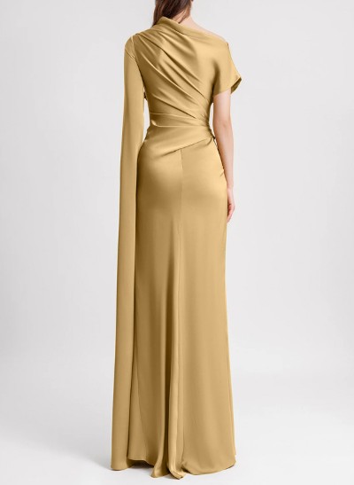 Sheath/Column Asymmetrical Short Sleeves Silk Like Satin Evening Dresses