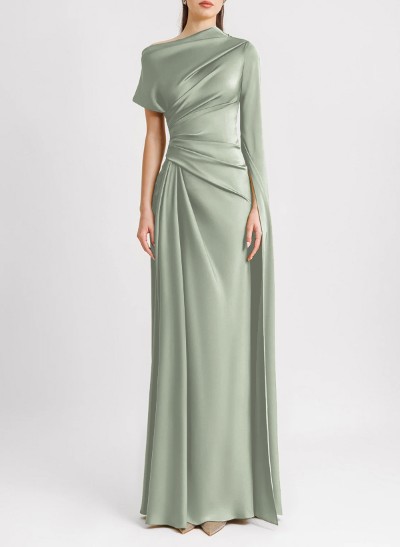 Sheath/Column Asymmetrical Short Sleeves Silk Like Satin Evening Dresses