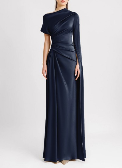 Sheath/Column Asymmetrical Short Sleeves Silk Like Satin Evening Dresses