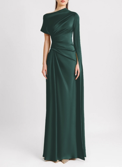 Sheath/Column Asymmetrical Short Sleeves Silk Like Satin Evening Dresses