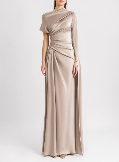 Sheath/Column Asymmetrical Short Sleeves Silk Like Satin Evening Dresses