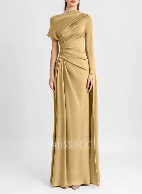 Sheath/Column Asymmetrical Short Sleeves Silk Like Satin Evening Dresses