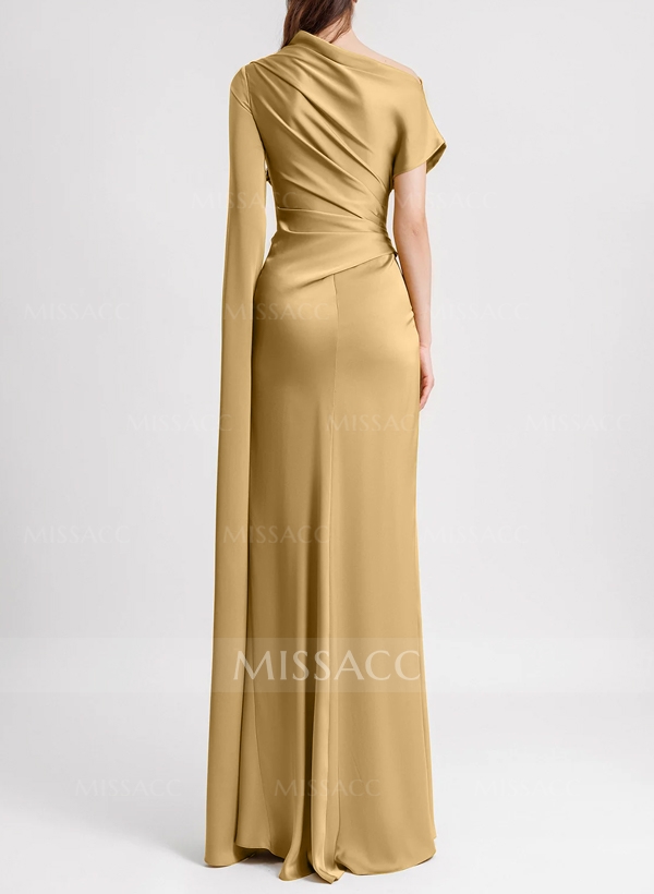 Sheath/Column Asymmetrical Short Sleeves Silk Like Satin Evening Dresses