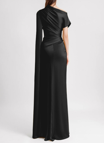 Sheath/Column Asymmetrical Short Sleeves Silk Like Satin Evening Dresses