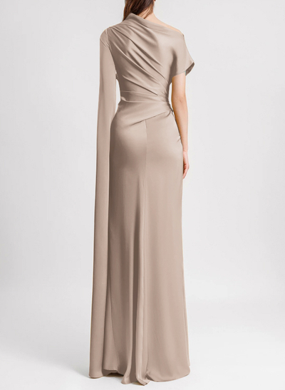 Sheath/Column Asymmetrical Short Sleeves Silk Like Satin Evening Dresses