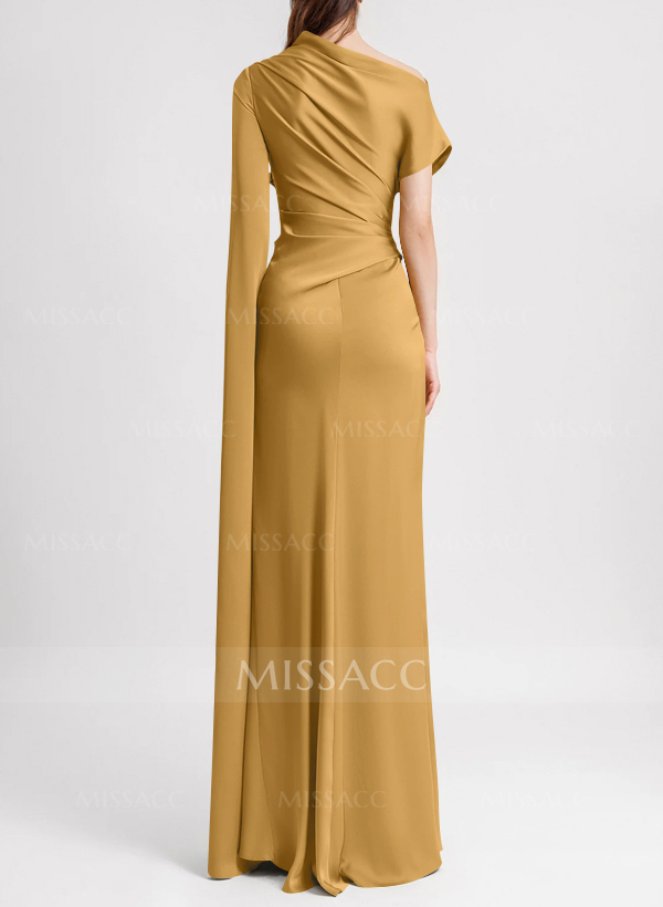 Sheath/Column Asymmetrical Short Sleeves Crepe Satin Evening Dresses