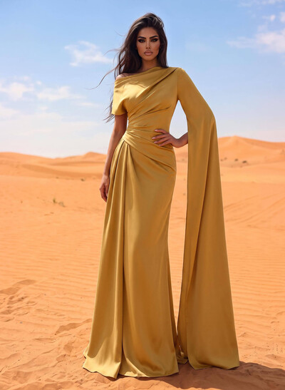 Sheath/Column Asymmetrical Short Sleeves Crepe Satin Evening Dresses