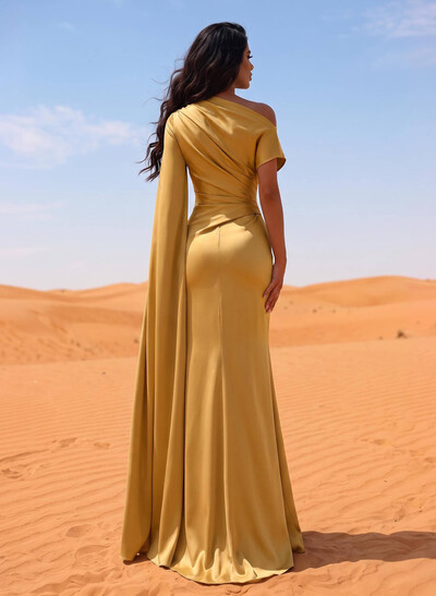 Sheath/Column Asymmetrical Short Sleeves Crepe Satin Evening Dresses