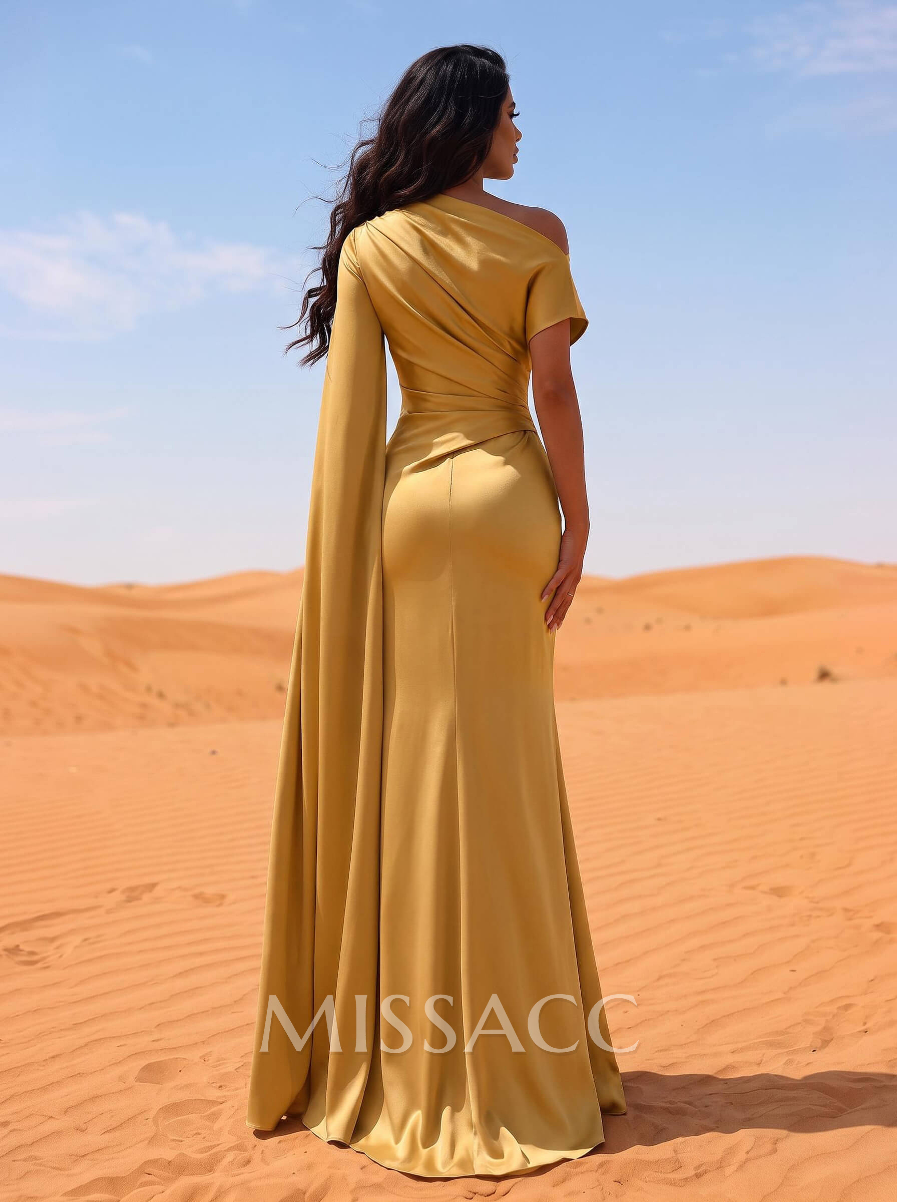 Sheath/Column Asymmetrical Short Sleeves Crepe Satin Evening Dresses Sheath/Column Asymmetrical Short Sleeves Crepe Satin Evening Dresses