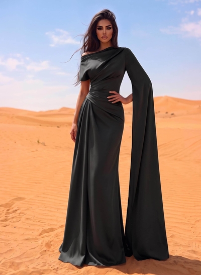 Sheath/Column Asymmetrical Short Sleeves Crepe Satin Evening Dresses