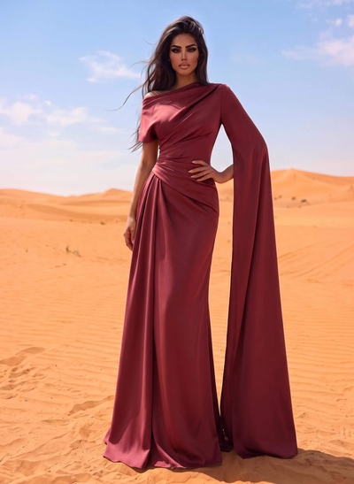 Sheath/Column Asymmetrical Short Sleeves Crepe Satin Evening Dresses