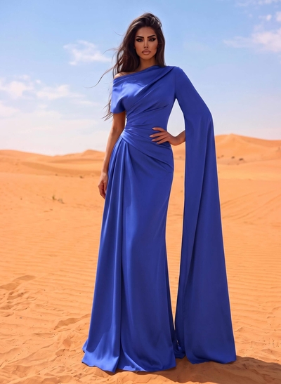 Sheath/Column Asymmetrical Short Sleeves Crepe Satin Evening Dresses