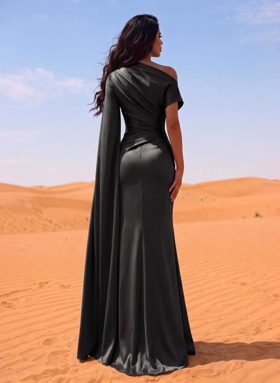 Sheath/Column Asymmetrical Short Sleeves Crepe Satin Evening Dresses