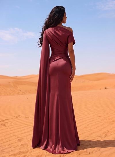 Sheath/Column Asymmetrical Short Sleeves Crepe Satin Evening Dresses