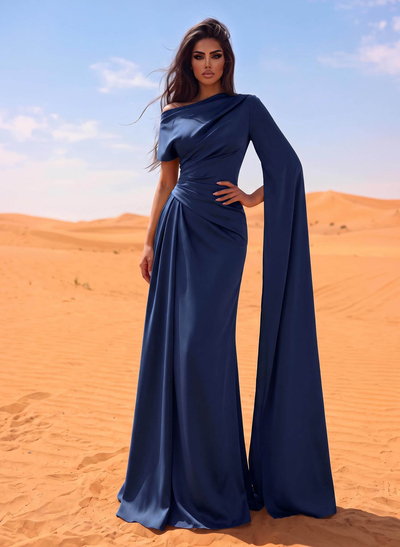 Sheath/Column Asymmetrical Short Sleeves Crepe Satin Evening Dresses