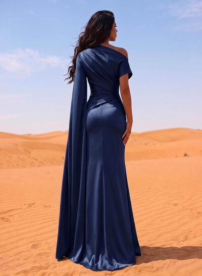 Sheath/Column Asymmetrical Short Sleeves Crepe Satin Evening Dresses