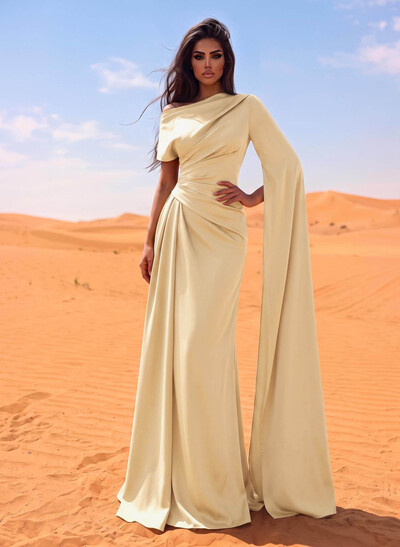 Sheath/Column Asymmetrical Short Sleeves Crepe Satin Evening Dresses