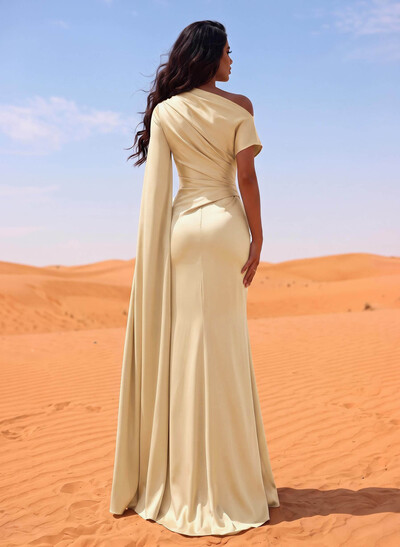 Sheath/Column Asymmetrical Short Sleeves Crepe Satin Evening Dresses