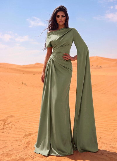 Sheath/Column Asymmetrical Short Sleeves Crepe Satin Evening Dresses