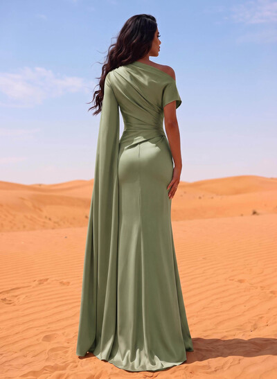 Sheath/Column Asymmetrical Short Sleeves Crepe Satin Evening Dresses