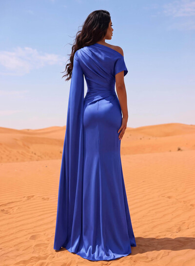 Sheath/Column Asymmetrical Short Sleeves Crepe Satin Evening Dresses