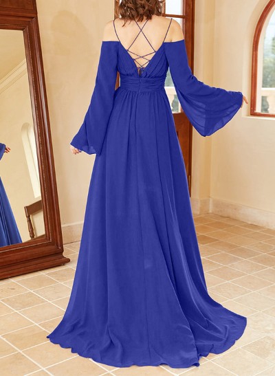 A-Line Long Sleeves Sweep Train Chiffon Evening Dresses With Split Front