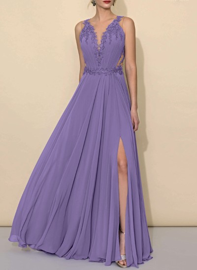 A-Line V-Neck Sleeveless Sweep Train Chiffon Evening Dresses With Lace/High Split