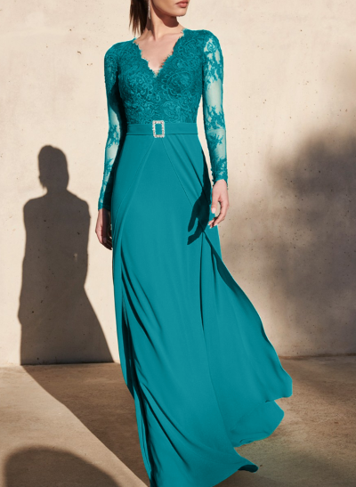 A-Line V-Neck Lace/Elastic Satin Evening Dresses With Appliques Lace