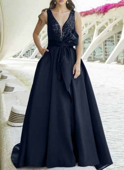 A-Line V-Neck Sleeveless Satin/Sequined Evening Dresses With Sequins