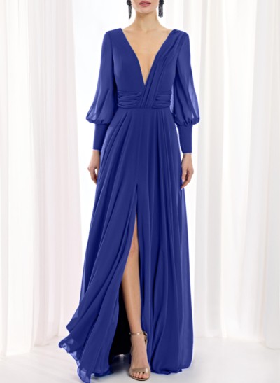 A-Line V-Neck Long Sleeves Chiffon Mother Of The Bride Dresses With High Split
