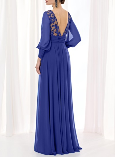 A-Line V-Neck Long Sleeves Chiffon Evening Dresses With High Split