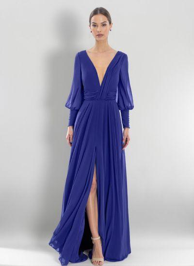 A-Line V-Neck Long Sleeves Chiffon Evening Dresses With High Split