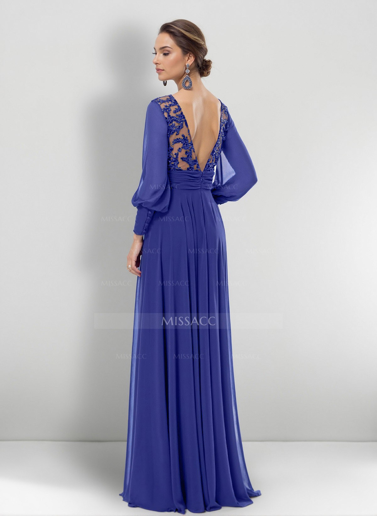 A-Line V-Neck Long Sleeves Chiffon Evening Dresses With High Split