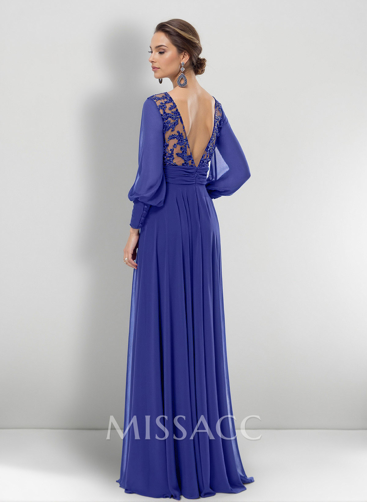 A-Line V-Neck Long Sleeves Chiffon Evening Dresses With High Split