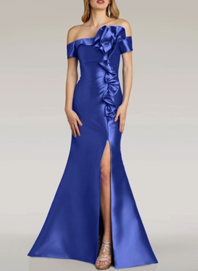 A-Line Off-The-Shoulder Satin Evening Dresses With Ruffle/High Split
