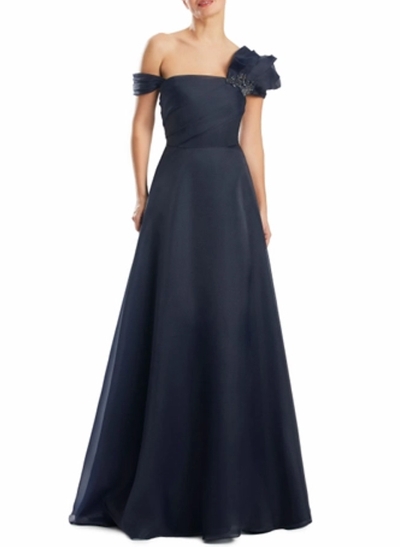 A-Line Asymmetrical Short Sleeves Sweep Train Tulle Evening Dresses
