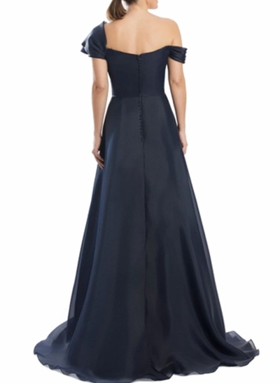 A-Line Asymmetrical Short Sleeves Sweep Train Tulle Evening Dresses