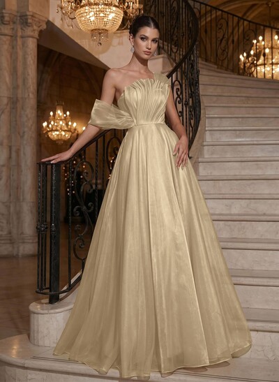 A-Line Asymmetrical Sleeveless Floor-Length Organza/Satin Evening Dresses