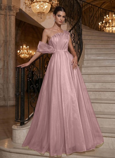 A-Line Asymmetrical Sleeveless Floor-Length Organza/Satin Evening Dresses