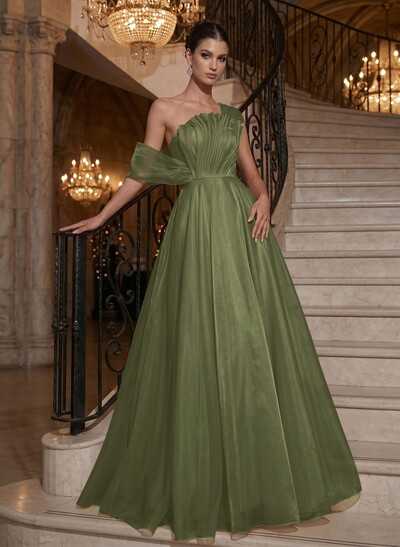 A-Line Asymmetrical Sleeveless Floor-Length Organza/Satin Evening Dresses