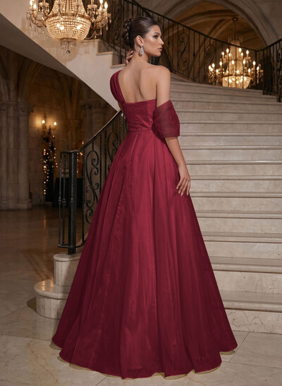A-Line Asymmetrical Sleeveless Floor-Length Organza/Satin Evening Dresses