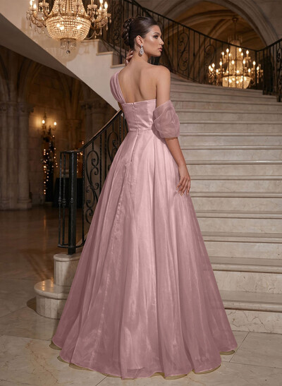 A-Line Asymmetrical Sleeveless Floor-Length Organza/Satin Evening Dresses